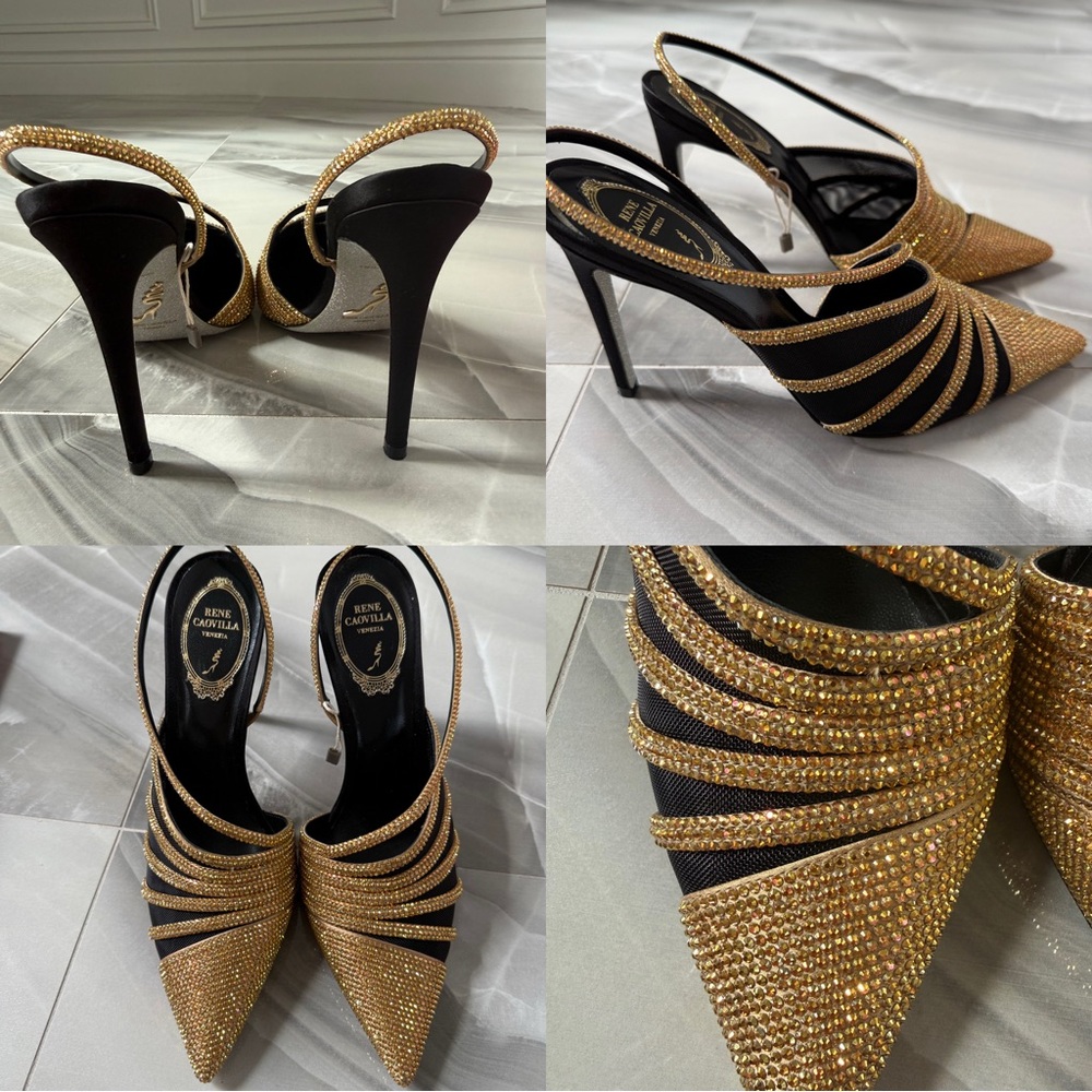 Rene Caovilla Black and Gold Crystal Strappy Pointed Slingback Heels - Picture 6 of 6